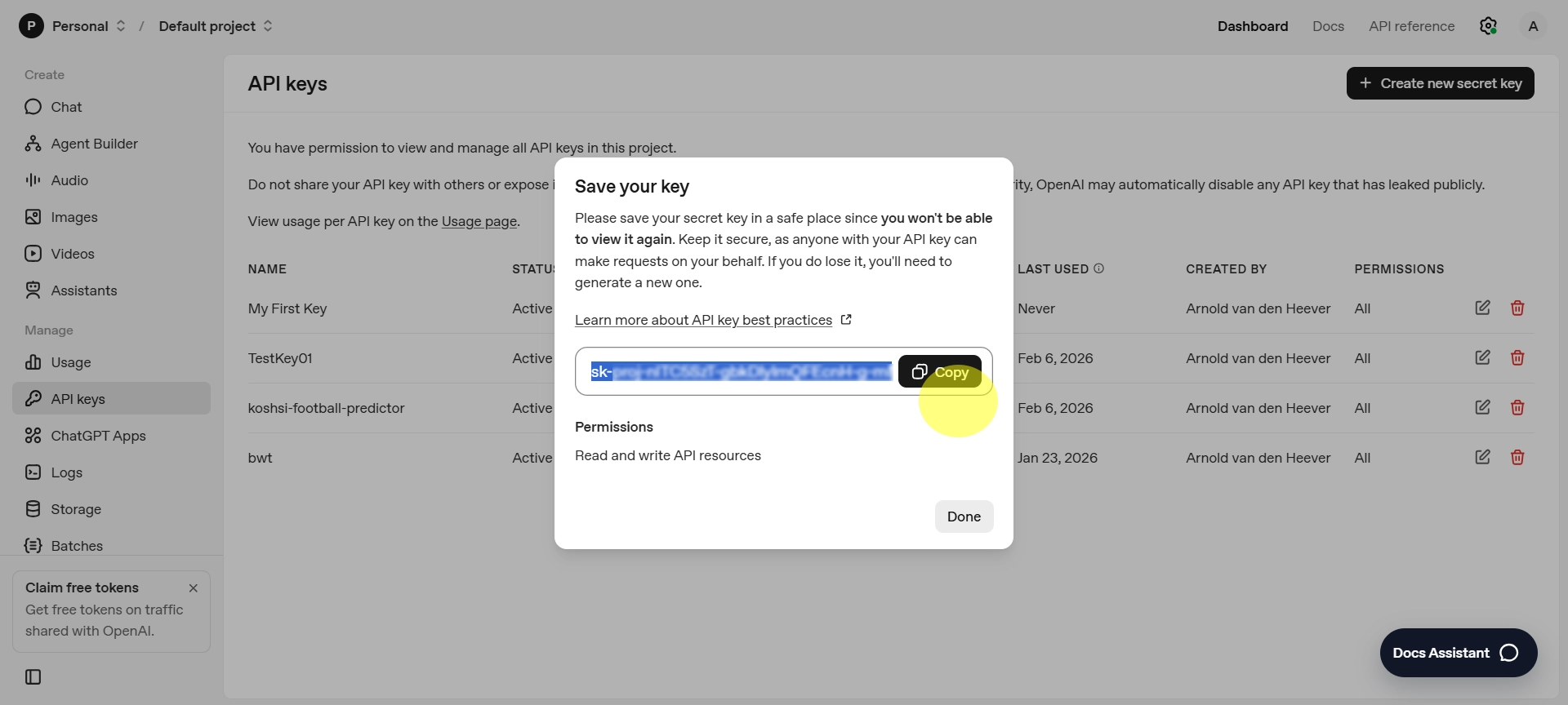 OpenAI modal showing a newly created API key to copy