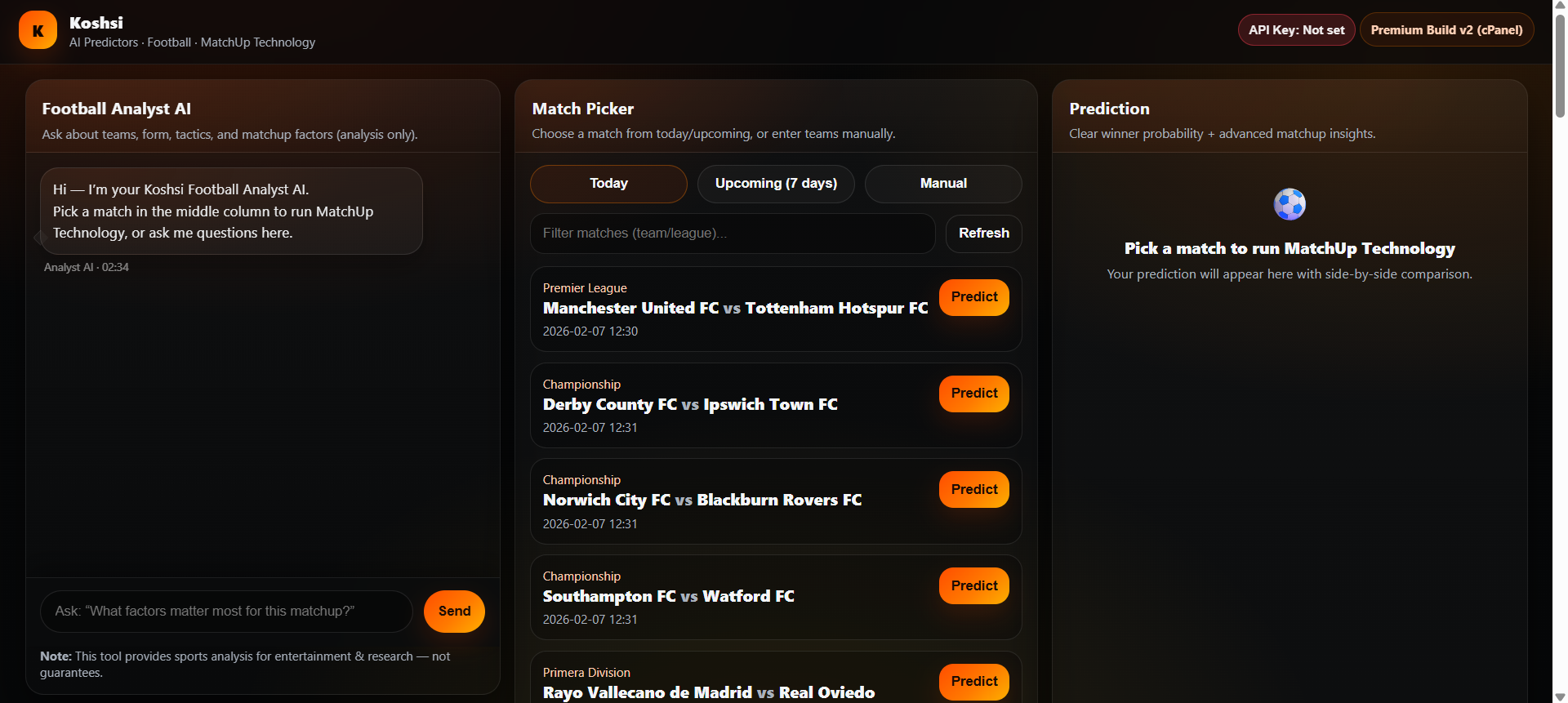 Koshsi AI Football Predictor interface showing match selection and MatchUp preview panel