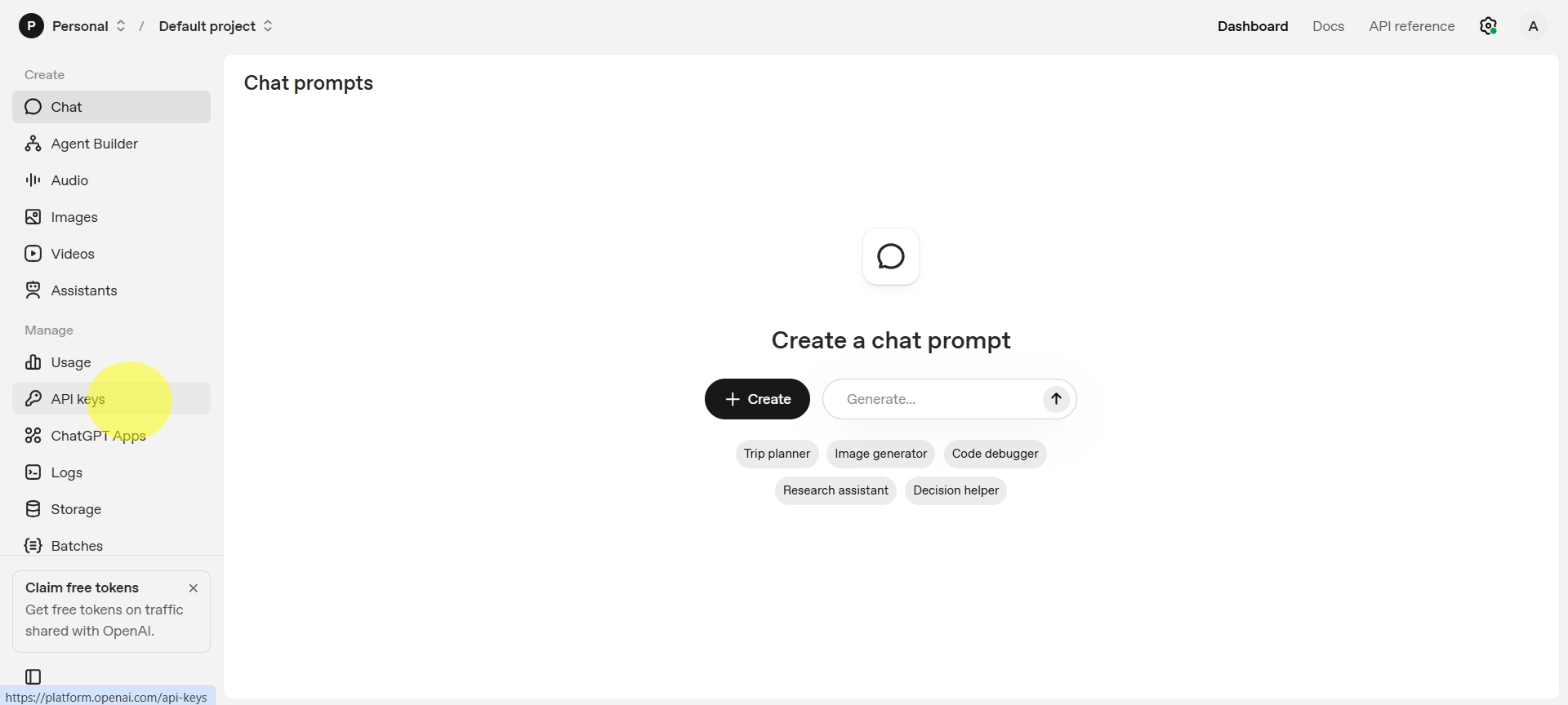OpenAI dashboard showing the API keys page